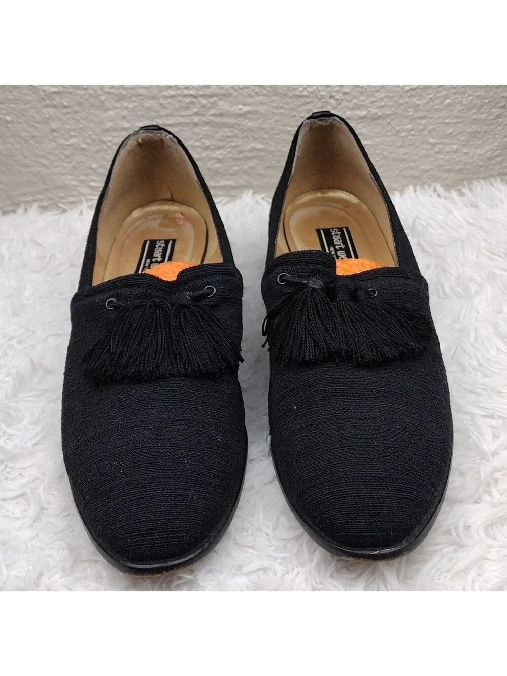 Stuart Weitzman Black Fabric Upper Almond Toe Low Heel Tassel Loafer Shoe